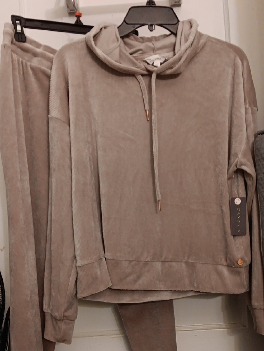 NWT-Danskin Taupe Velour Hoodie 2 Piece Lounge Set With Crop Top.
